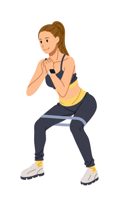 Illustrazione di una ragazza che fa uno squat con l'elastico