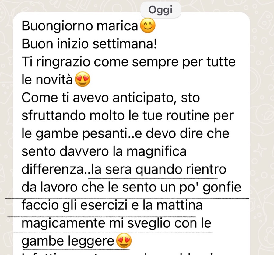 Messaggio WhatsApp di una cliente: gambe più leggere al risveglio